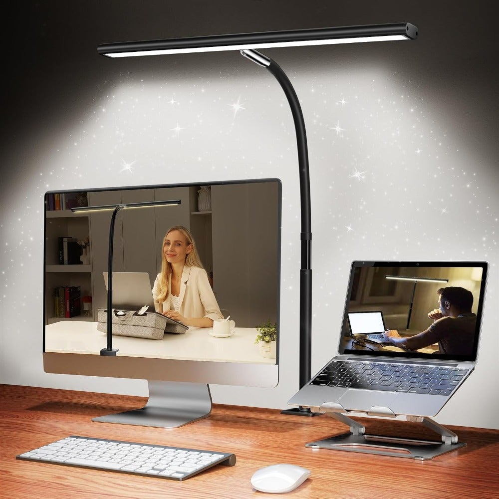 LED Desk Lamp for Office Home, Eye-Caring Desk Light with Stepless Dimming Multi-Lighting Modes Adjustable Flexible Gooseneck, USB Adapter Clamp Light for Reading, Study, Workbench Black