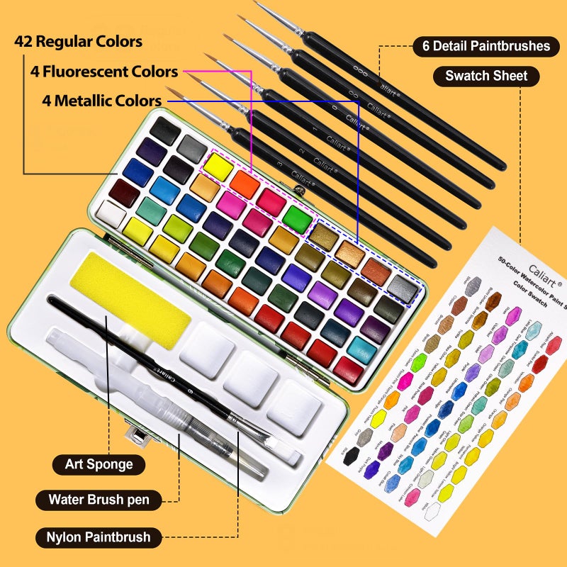 Caliart Watercolor Paint Set, 50 Colors Portable Water Color Palette Kit with Detail Paint Brush, Art Supplies Gifts for Adult Professional Artist Painting Coloring, Easter Basket Essentials Stuffers - Image 4