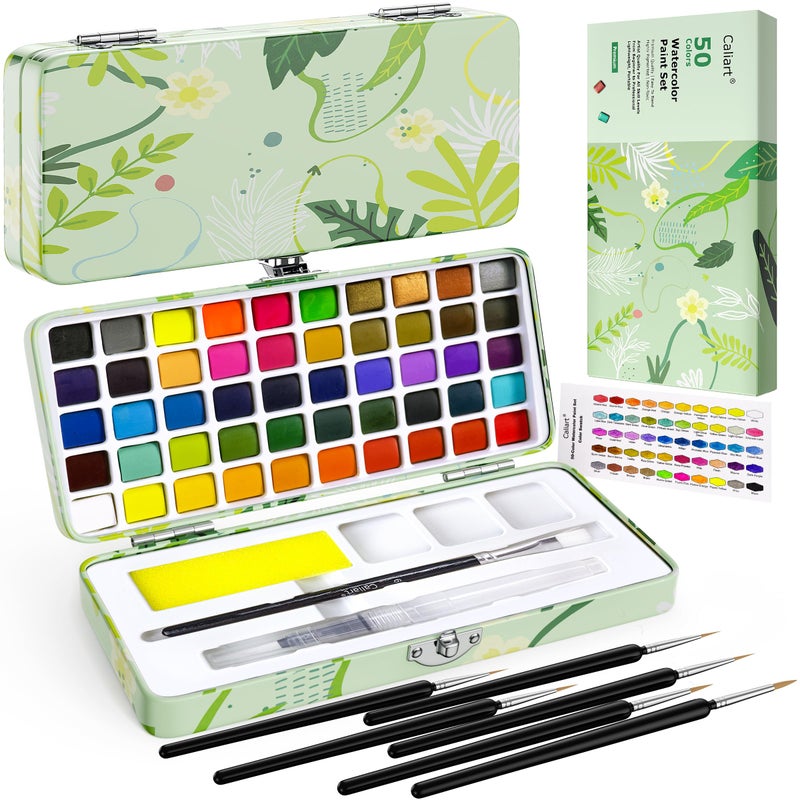 Caliart Watercolor Paint Set, 50 Colors Portable Water Color Palette Kit with Detail Paint Brush, Art Supplies Gifts for Adult Professional Artist Painting Coloring, Easter Basket Essentials Stuffers - Image 1