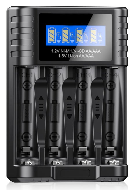Universal 1.5V Battery Charger, 4 Bay LCD Smart Independent Charger, for 1.5V Lithium Ion Rechargeable Batteries AA AAA and 1.2V Ni-MH/Ni-CD AA AAA Rechargeable Batteries, Large LCD Screen