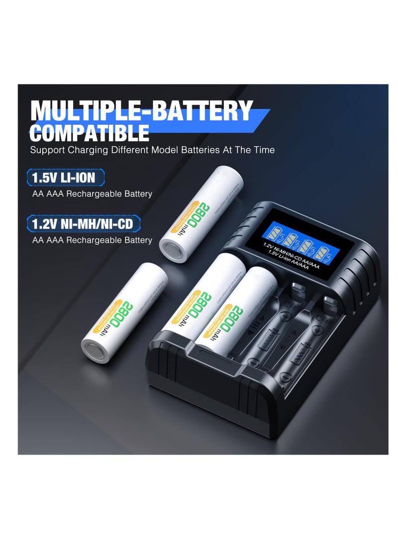 SYOSI - Universal 1.5V Battery Charger, 4 Bay LCD Smart Independent Charger, for 1.5V Lithium Ion Rechargeable Batteries AA AAA and 1.2V Ni-MH/Ni-CD AA AAA Rechargeable Batteries, Large LCD Screen - Image 1