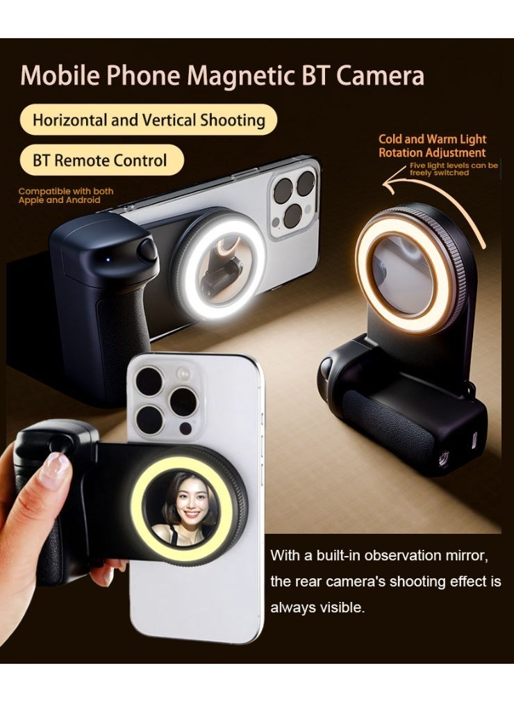 NIBEMINENT Magnetic Phone Camera Shutter Grip With Rear Selfie Mirror&Fill Light for iPhone & Android with Detachable Wireless Shutter Button- 1/4" Screw - Comfort Ergonomic Camera Grip Handle Holder - Image 1