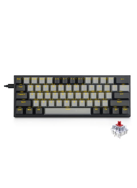 Z-11 60% Mechanical Gaming Keyboard,Red Switch 61 Keys Wired Compact Keyboard,Yellow Backlit and Metal Panel for Windows,Mac OS-Grey Black
