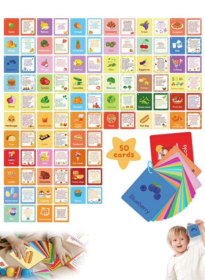 MXN 50 PCS Food Flashcards, Double-sided Bilingual Picture Cards with Real Images, Vocabulary Cards  Boost Early Learning Memory Cognitive Skills - Image 1