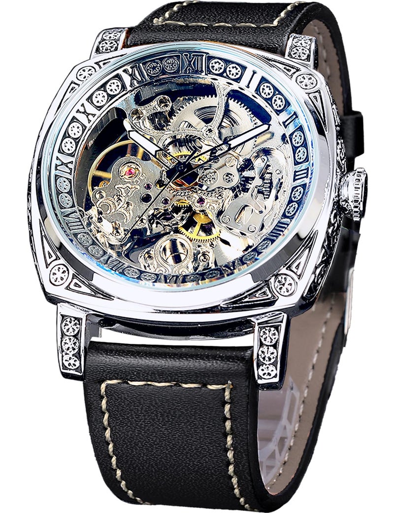 FORSINING ساعة ميكانيكية فاخرة مربعة من فورسينغ للرجال، ساعة أوتوماتيكية محفورة ذات هيكل فارغ رائعة مع حزام جلدي عتيق، قرص فضي وحزام أسود - Image 1