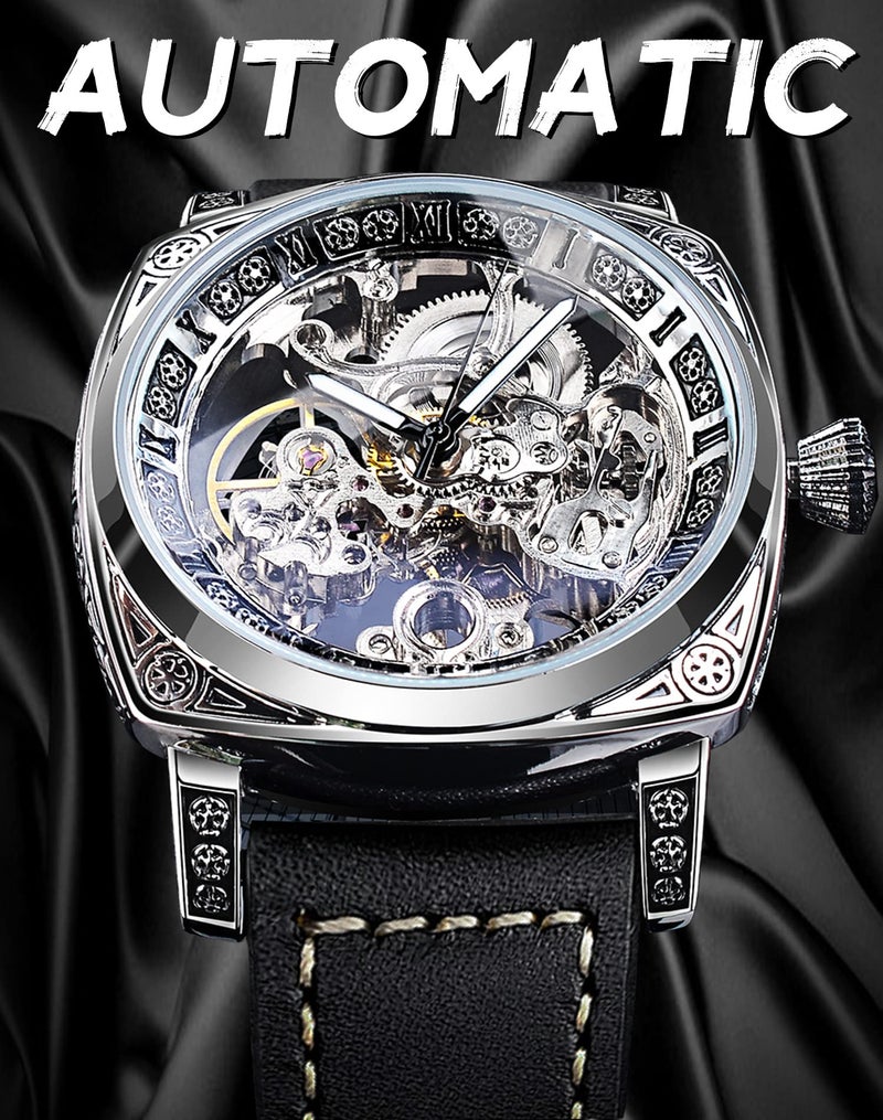 FORSINING ساعة ميكانيكية فاخرة مربعة من فورسينغ للرجال، ساعة أوتوماتيكية محفورة ذات هيكل فارغ رائعة مع حزام جلدي عتيق، قرص فضي وحزام أسود - Image 3