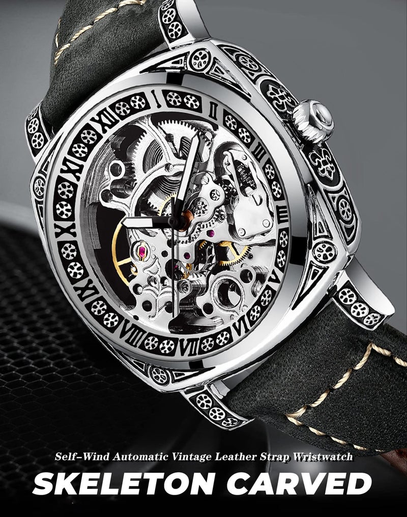 FORSINING ساعة ميكانيكية فاخرة مربعة من فورسينغ للرجال، ساعة أوتوماتيكية محفورة ذات هيكل فارغ رائعة مع حزام جلدي عتيق، قرص فضي وحزام أسود - Image 4