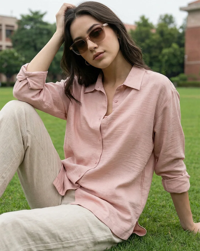 bewakoof Women's Dusty Pink Textured Oversized Shirt