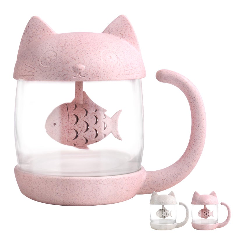 BigNoseDeer Cat Tea Cup Cute Mug Glass Pot with Fish Infuser for Loose Leaf Tea (Pink 8oz) - Image 1