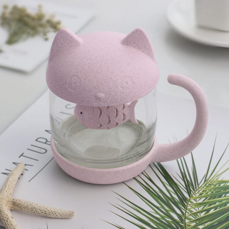BigNoseDeer Cat Tea Cup Cute Mug Glass Pot with Fish Infuser for Loose Leaf Tea (Pink 8oz) - Image 3