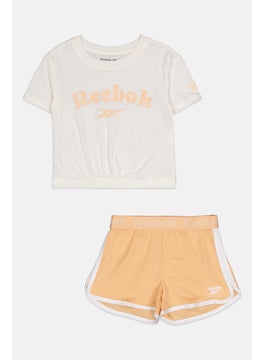 Reebok Kids Girl 2 Pieces Brand Logo T-Shirt and Short Set, White/Peach  - Image 1