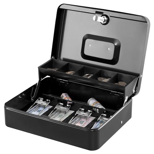 KYODOLED Locking Cash Box with Top Lock,Money Box with Cash Tray,4 Bill/5 Coin Slots,Lock Safe Box with Key,Money Saving Organizer,11.81Lx 9.45Wx 3.54H Inches,Black XL Large - Image 1