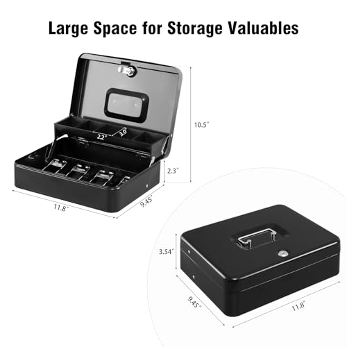 KYODOLED Locking Cash Box with Top Lock,Money Box with Cash Tray,4 Bill/5 Coin Slots,Lock Safe Box with Key,Money Saving Organizer,11.81Lx 9.45Wx 3.54H Inches,Black XL Large - Image 2