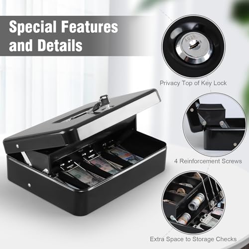 KYODOLED Locking Cash Box with Top Lock,Money Box with Cash Tray,4 Bill/5 Coin Slots,Lock Safe Box with Key,Money Saving Organizer,11.81Lx 9.45Wx 3.54H Inches,Black XL Large - Image 5