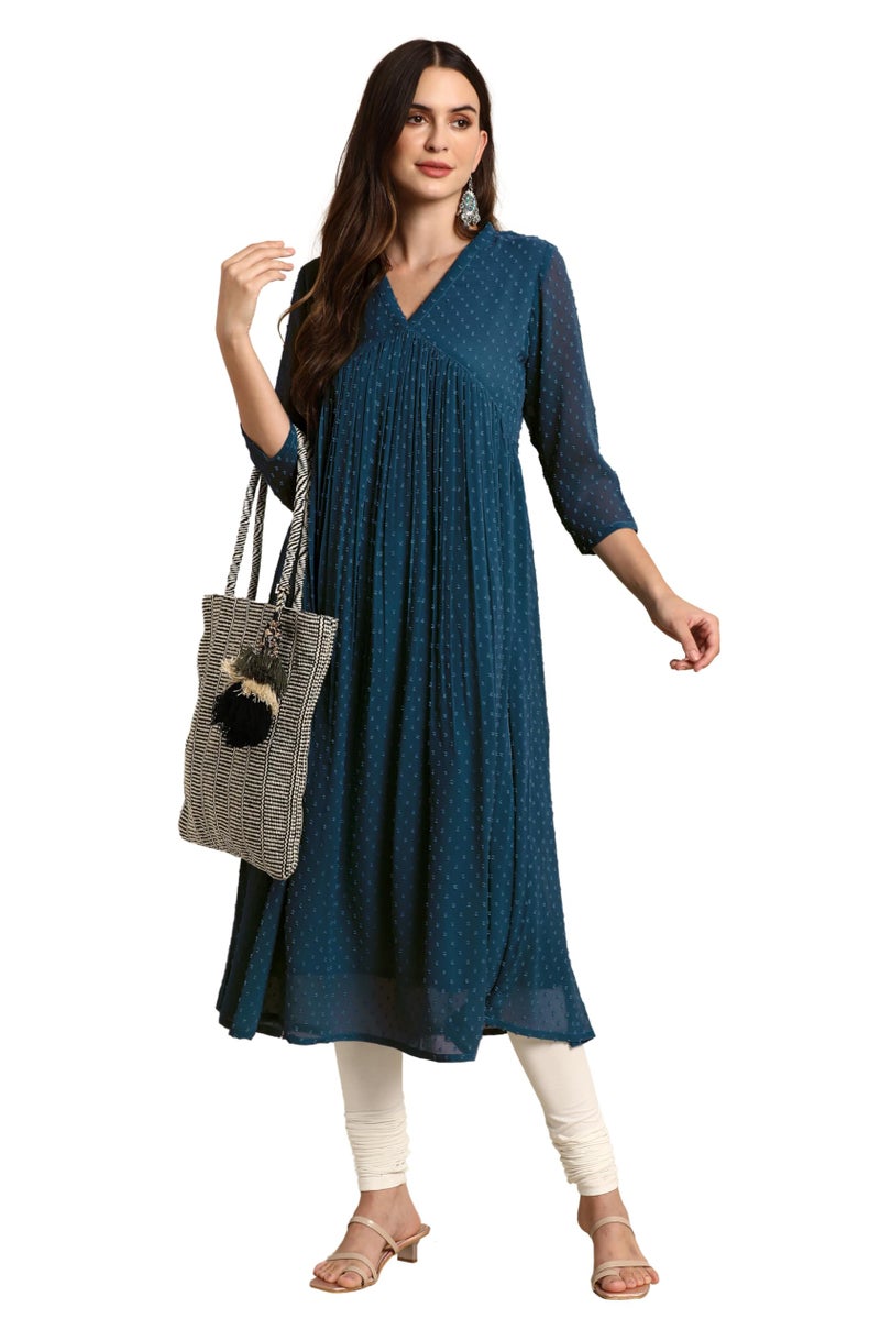 Janasya Women's Teal Blue Dobby Chiffon Self Design Flared Kurta (JAC24KR01574-XL) - Image 1