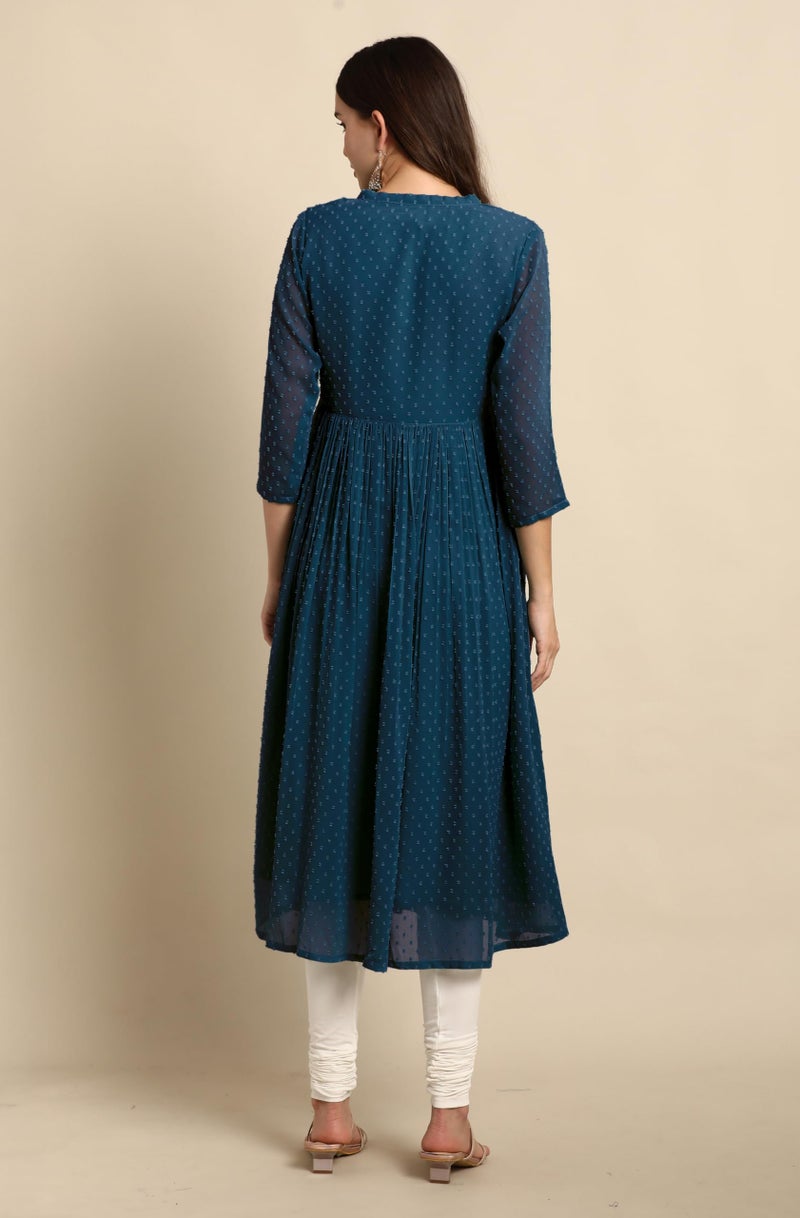 Janasya Women's Teal Blue Dobby Chiffon Self Design Flared Kurta (JAC24KR01574-XL) - Image 4