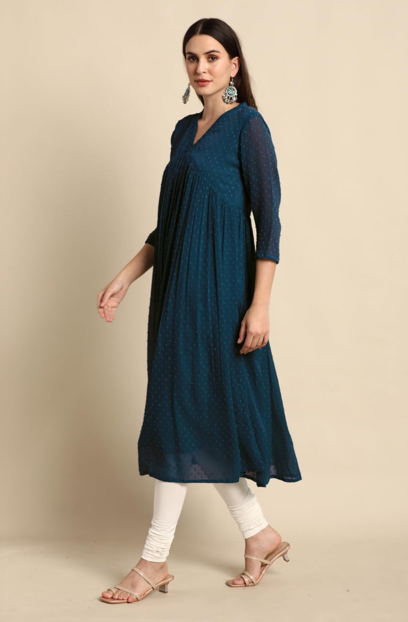 Janasya Women's Teal Blue Dobby Chiffon Self Design Flared Kurta (JAC24KR01574-XL) - Image 3