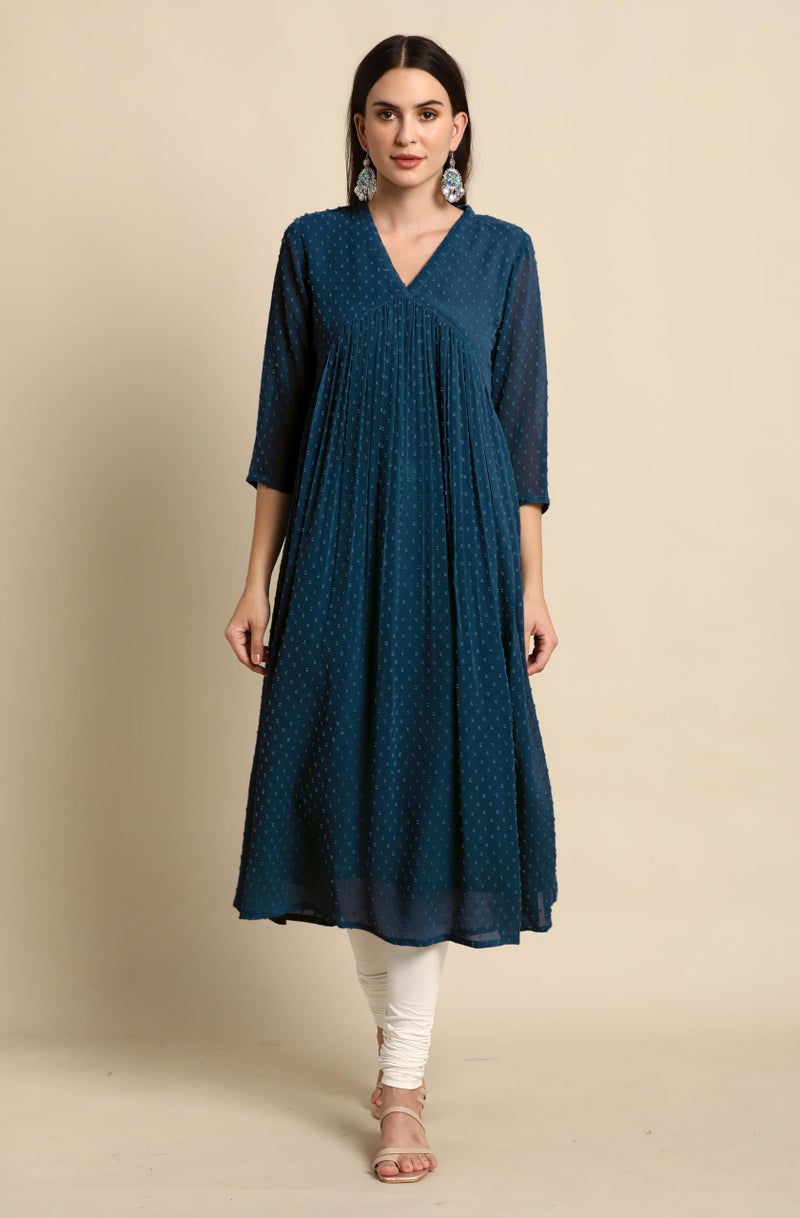 Janasya Women's Teal Blue Dobby Chiffon Self Design Flared Kurta (JAC24KR01574-XL) - Image 2