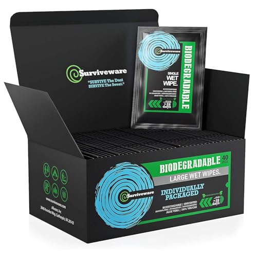 Surviveware Biodegradable Wipes Men or Women - Shower Wet Wipes Face, Body & Butt - Outdoors, Travel, Camping & Post Workout - Total of 40 Wipes - 1 Count, Pack of 40 - Image 1