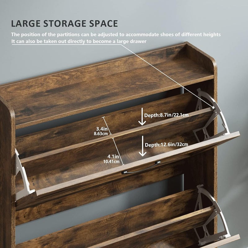 MOZOGOT Shoe Storage Cabinet with 2 Flip Drawers, Free Standing Shoe Racks Narrow Slim Shoe Organizer with Storage Top Cubby, Hidden Shoe Storage for Entryway, Living Room, Hallway (Rustic Brown) - Image 3
