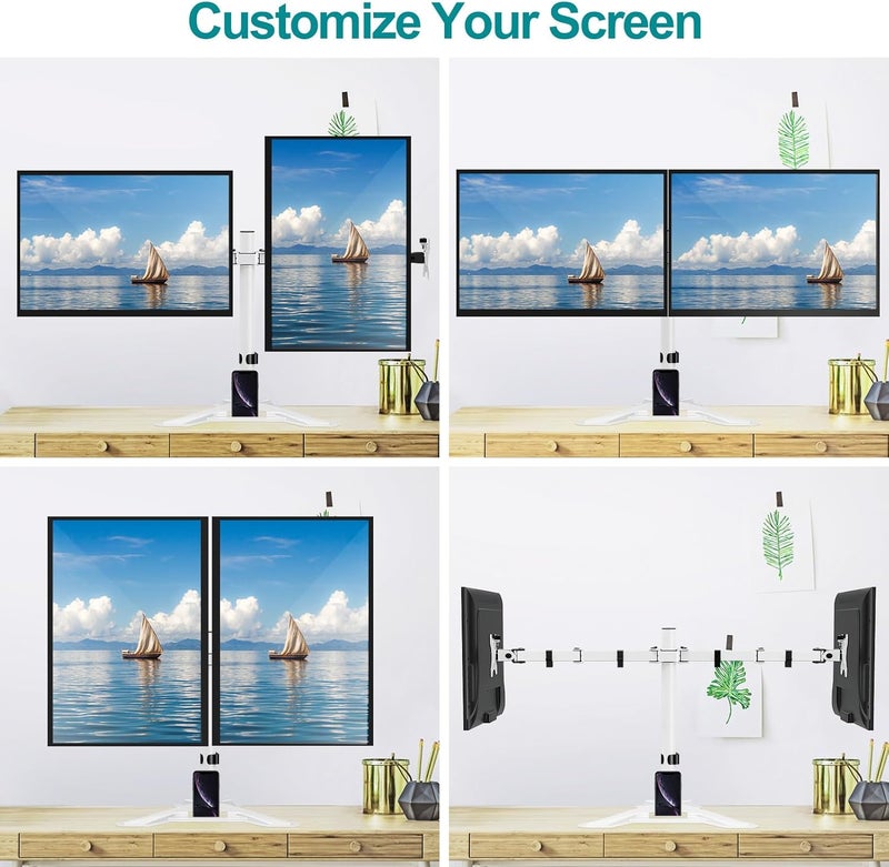 MOUNT PRO Dual Monitor Stand, Free-Standing Full Motion Monitor Desk Mount Fits 2 Screens up to 27 inches,17.6lbs with Height Adjustable, Swivel, Tilt, Rotation, VESA 75x75 100x100,White - Image 3