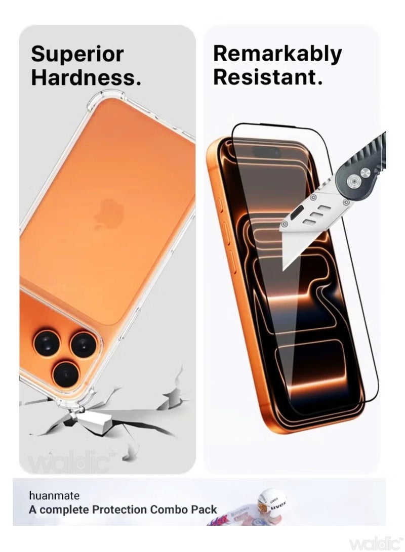 Waldic 3 in 1 Apple iPhone 17 Pro  Protection Pack - Ultra Clear Shockproof Case, with Tempered Glass Screen Protector & Camera Lens Protector| 360’ Protection, Easy Installation - Clear/Black - Image 5