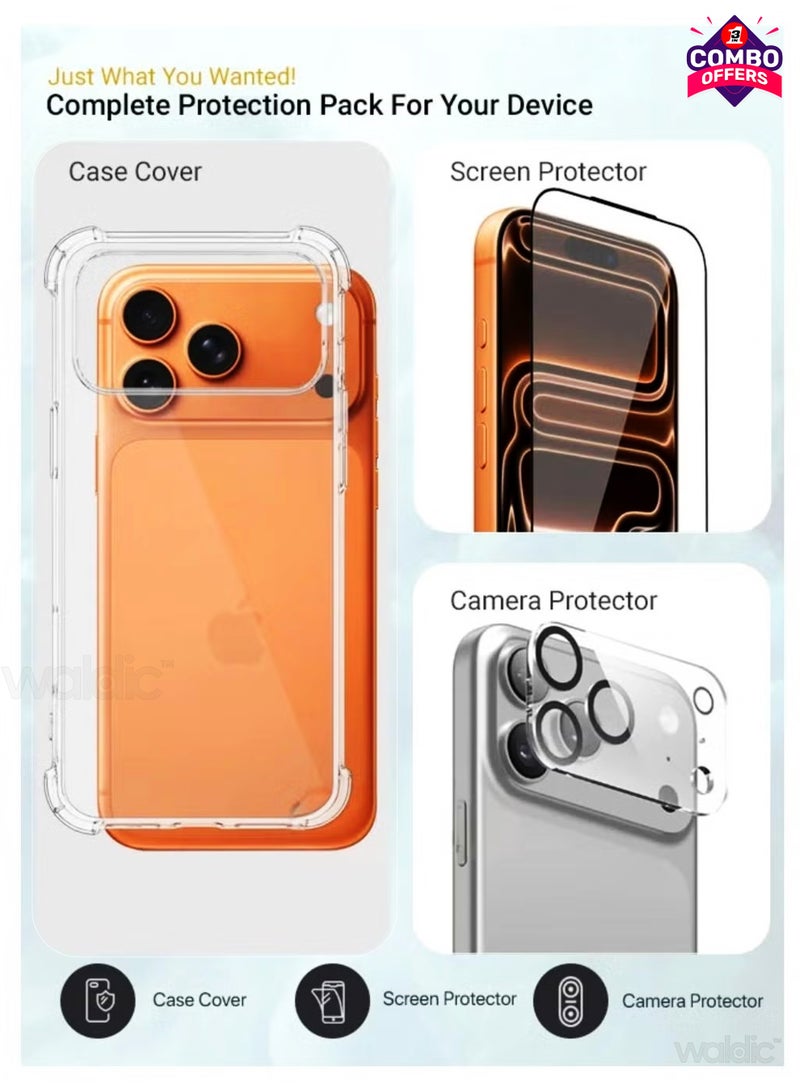 Waldic 3 in 1 Apple iPhone 17 Pro  Protection Pack - Ultra Clear Shockproof Case, with Tempered Glass Screen Protector & Camera Lens Protector| 360’ Protection, Easy Installation - Clear/Black - Image 2