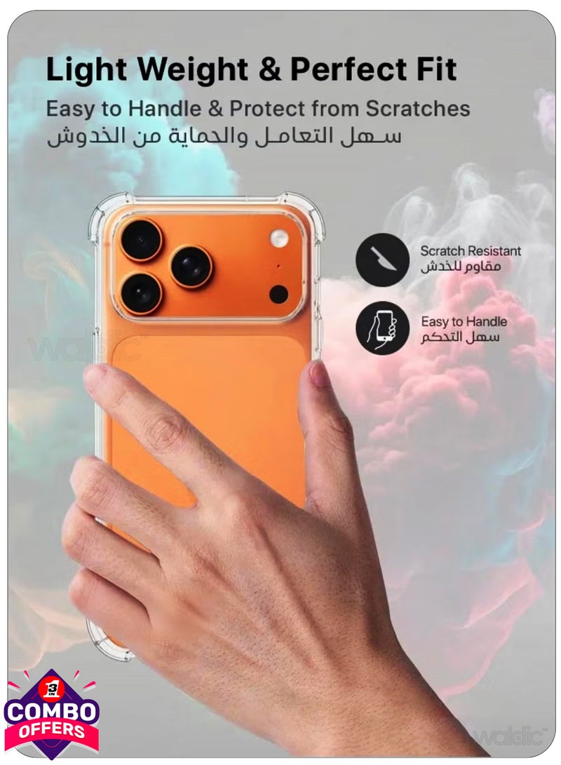 Waldic 3 in 1 Apple iPhone 17 Pro  Protection Pack - Ultra Clear Shockproof Case, with Tempered Glass Screen Protector & Camera Lens Protector| 360’ Protection, Easy Installation - Clear/Black - Image 3