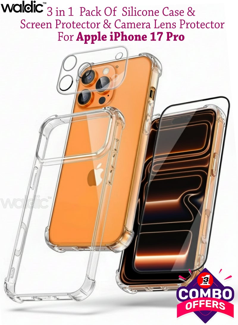 Waldic 3 in 1 Apple iPhone 17 Pro  Protection Pack - Ultra Clear Shockproof Case, with Tempered Glass Screen Protector & Camera Lens Protector| 360’ Protection, Easy Installation - Clear/Black - Image 1