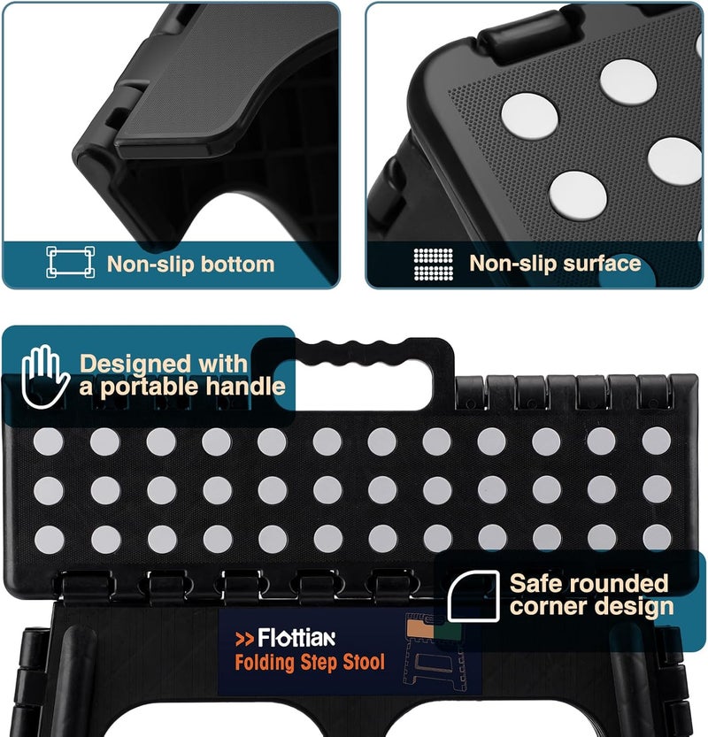 Flottian 9" Folding Step Stool for Adults and Kids 15-Inch Extra Wide Stool Holds Up to 300 lbs,Non-Slip Folding Stools with Handle,Compact Plastic Foldable Step Stool for Bathroom,Kitchen,ect - Image 4
