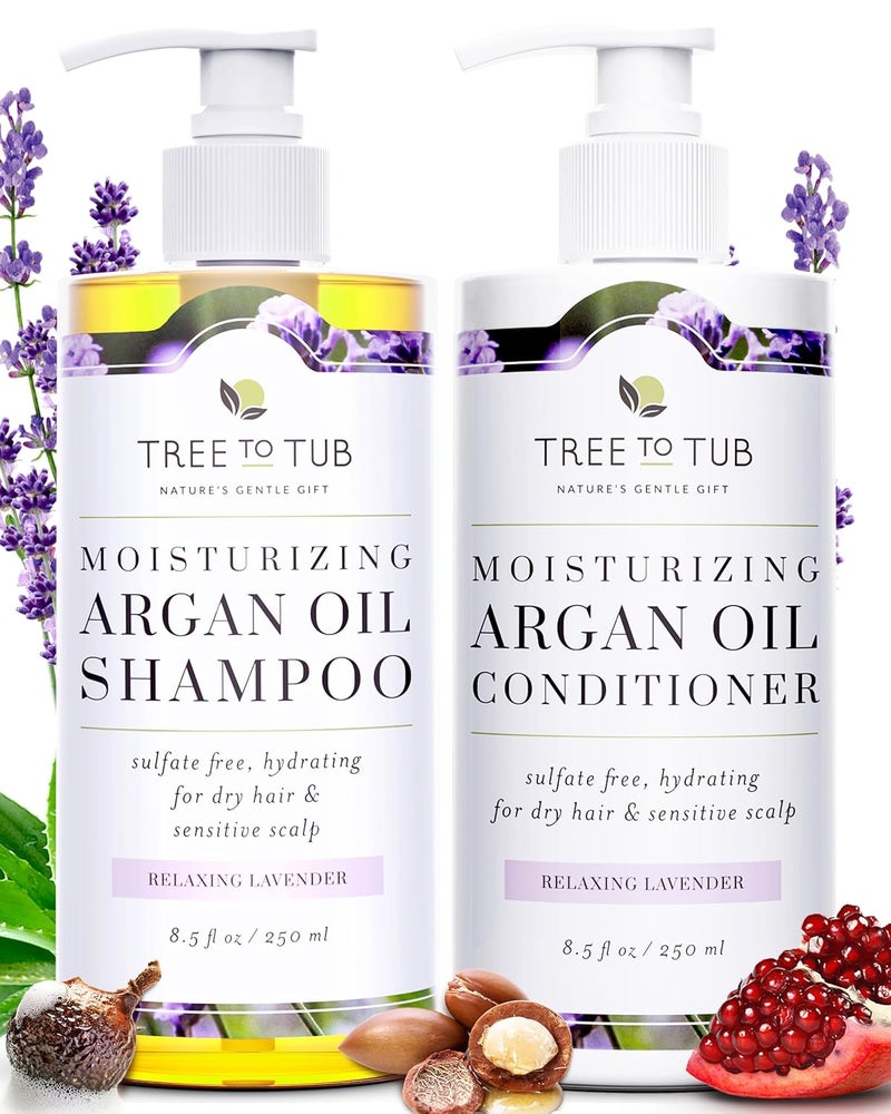Tree To Tub Hydrating Sulfate Free Shampoo and Conditioner Set for Dry Hair, Dry Scalp, Frizz - Moisturizing Argan Oil Shampoo and Conditioner for Women & Men w/Organic Aloe Vera All Natural Lavender