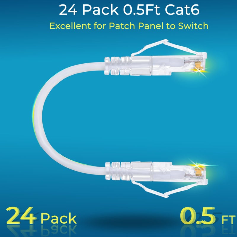 Rapink Patch Cables Cat6/ Cat6a 0.5ft (24 Pack) Slim, Cat6a Ethernet Patch Cable 10G Support, Snagless Cat 6 Patch Cable for Patch Panel to Switch, Flexiable Cat6 Ethernet Cable White - Image 2