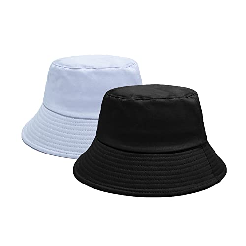 PFFY 2 Packs Bucket Hat for Women Men Cotton Hats Sun Beach Fishing Cap White+Black - Image 1