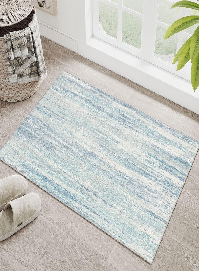 MUJOO Small Rug Washable,2x3 Area Rugs for Entryway Entry Entrance Bedroom Bathroom,Modern Abstract Low Pile Throw Rug,Front Door Mat Non Slip Accent Neutral Carpet Indoor Blue - Image 1