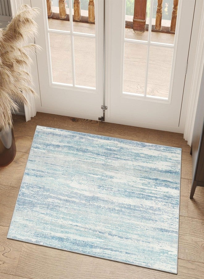 MUJOO Small Rug Washable,2x3 Area Rugs for Entryway Entry Entrance Bedroom Bathroom,Modern Abstract Low Pile Throw Rug,Front Door Mat Non Slip Accent Neutral Carpet Indoor Blue - Image 2