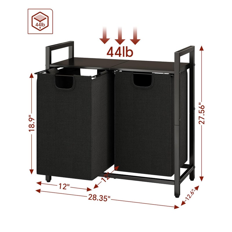 Kitstorack Laundry Basket Organizer, Laundry Hamper with Shelf & 2 Pull-Out Removable Bags, Dirty Clothes Hamper Organizer for Laundry Room Bathroom and Dorm, 2 x 11.8 gallons (44.5L) - Image 2