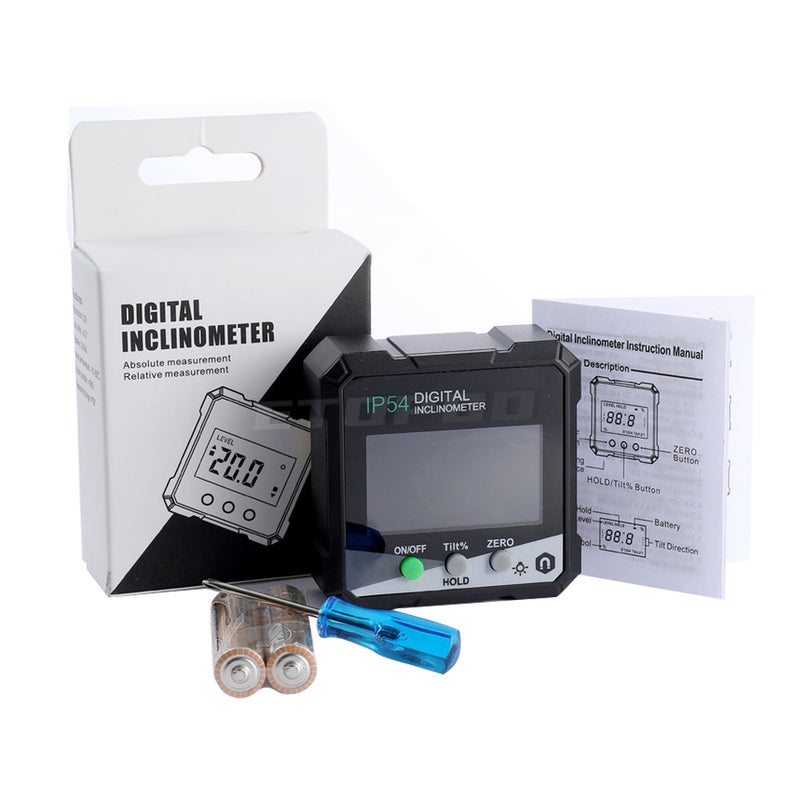 IP54 Electronic Protractor 60x60x30mm 360 Degrees Measurement Range 0.05 Degrees Step Size +/-0.2 Degrees Accuracy 1% Measurement Value 4-Side Magnetic Installation Automatic LCD Backlight 2xAAA Battery 3-Minute Auto Shutdown Plastic Material 1x Electric Protractor 2xAAA 1x Screwdriver Packing - Image 1