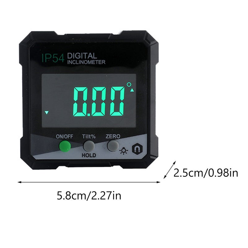 IP54 Electronic Protractor 60x60x30mm 360 Degrees Measurement Range 0.05 Degrees Step Size +/-0.2 Degrees Accuracy 1% Measurement Value 4-Side Magnetic Installation Automatic LCD Backlight 2xAAA Battery 3-Minute Auto Shutdown Plastic Material 1x Electric Protractor 2xAAA 1x Screwdriver Packing - Image 2
