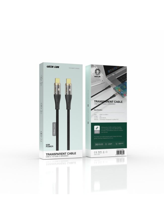 GREEN LION Transparent USB-C to USB-C Braided 1m Cable with 480 Mbps Transfer Speed / Charge & Sync / Tangle Free Handling / Wide Compatibility / Secure & Safe / Fast Charging - Black - Image 2