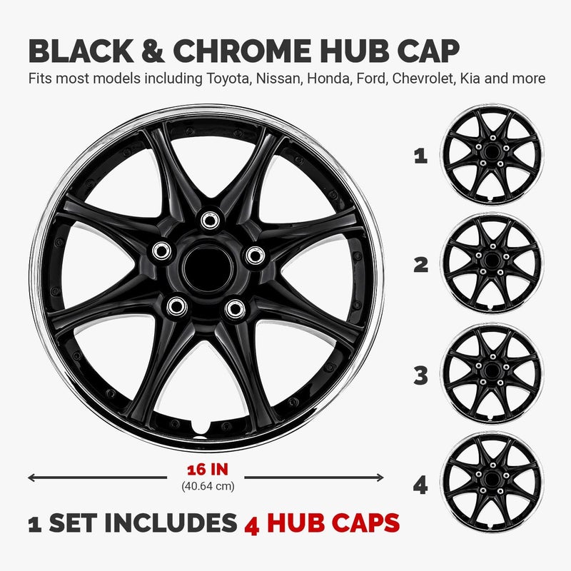 Pilot 16 Inch Black & Chrome Universal Hubcap Wheel Covers - Set of 4 - Image 2