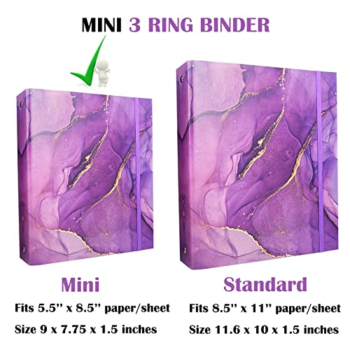 tutata Mini Binders 5.5 x 8.5 Three Ring, Decorative Hardcover With Elastic Cord, 1 Inch Purple Marble Design, for School, Office, and Home Use, Playbill and Recipe Binder, 2 Pack - Image 4