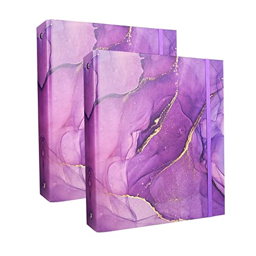 tutata Mini Binders 5.5 x 8.5 Three Ring, Decorative Hardcover With Elastic Cord, 1 Inch Purple Marble Design, for School, Office, and Home Use, Playbill and Recipe Binder, 2 Pack - Image 1