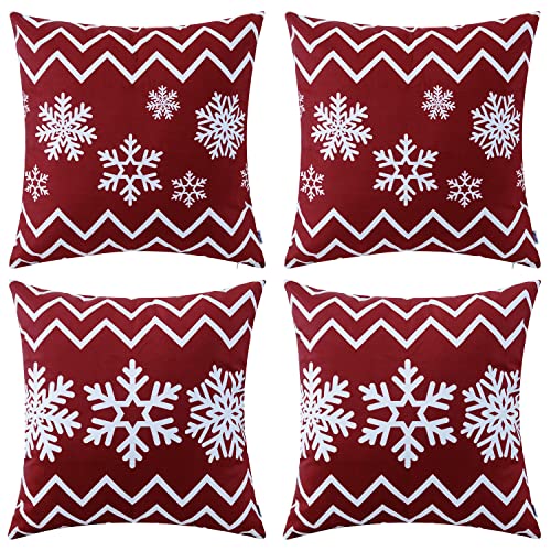 HWY 50 Red Throw Pillow Covers 18x18 Inch for Couch Sofa Bed Living Room Bedroom Soft Christmas Bohemia Snowflakes Print Square Decorative Throw Pillows Cases Set Cushion Cover Pack of 4 - Image 1