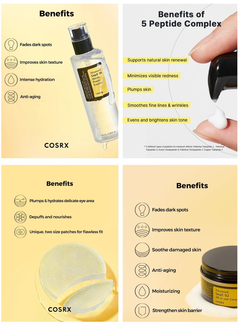 COSRX Optimal Snail-Powered Skincare Pack 5 Advanced Snail 96 Mucin Power Essence, 92 All-in-One Cream, Peptide Eye Cream, Gel Cleanser, and Hydrogel Eye Patch 468.99ml - Image 5