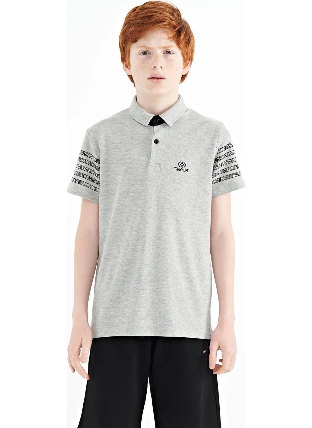 تومي لايف Gray Melange Sleeve Print Detailed Standard Pattern Polo Collar Boy's T-Shirt - 11093