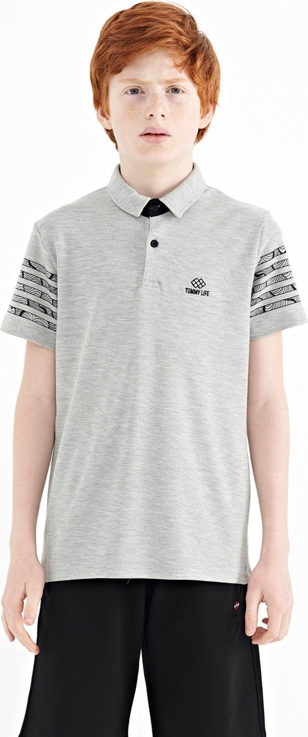 Tommy Life Gray Melange Sleeve Print Detailed Standard Pattern Polo Collar Boy's T-Shirt - 11093  - Image 1