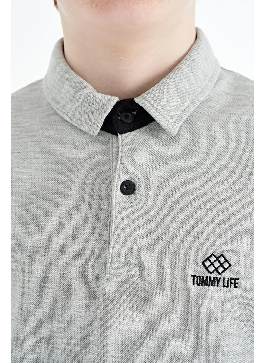 تومي لايف Gray Melange Sleeve Print Detailed Standard Pattern Polo Collar Boy's T-Shirt - 11093