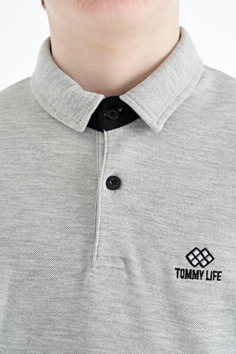 Tommy Life Gray Melange Sleeve Print Detailed Standard Pattern Polo Collar Boy's T-Shirt - 11093  - Image 2