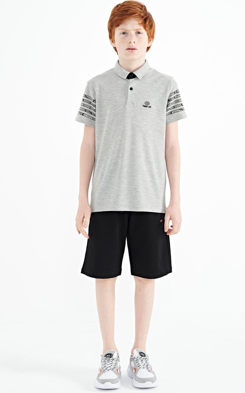 Tommy Life Gray Melange Sleeve Print Detailed Standard Pattern Polo Collar Boy's T-Shirt - 11093  - Image 3