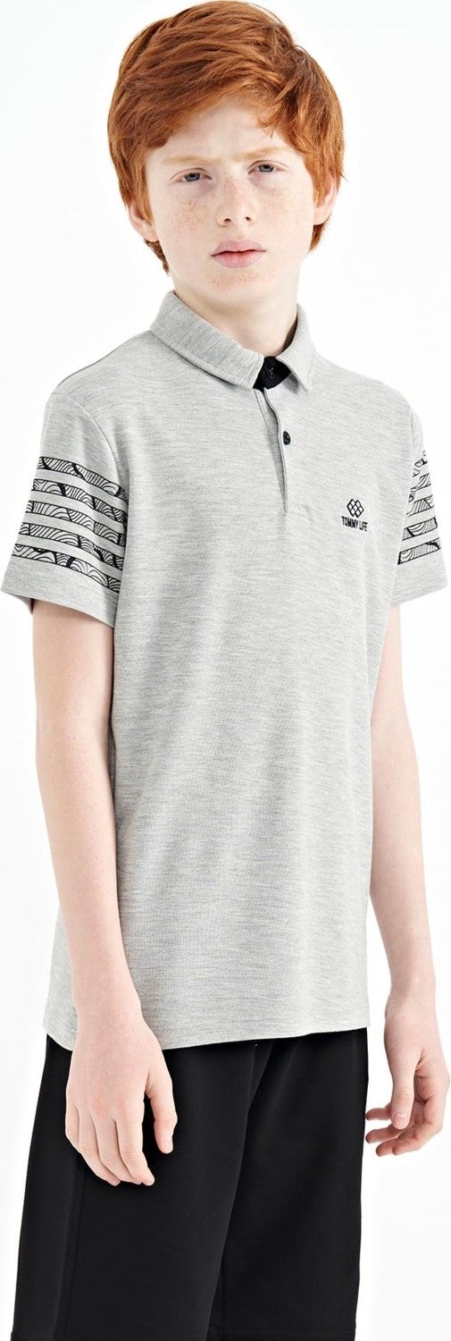 Tommy Life Gray Melange Sleeve Print Detailed Standard Pattern Polo Collar Boy's T-Shirt - 11093  - Image 4